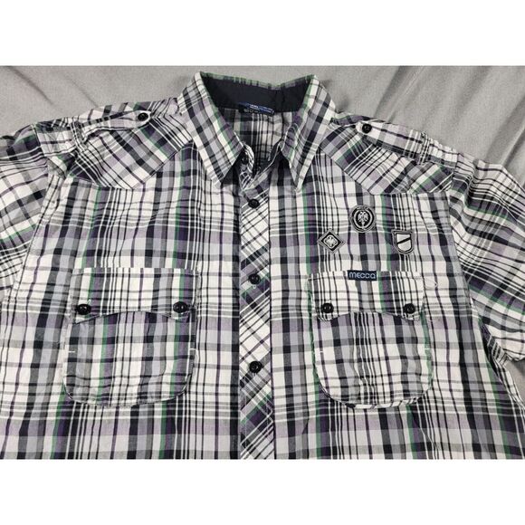 Mecca Shirt Mens 2XL Black, White, Purple,Green, Plaid Short‎ Sleeve Epaulettes - Picture 1 of 6